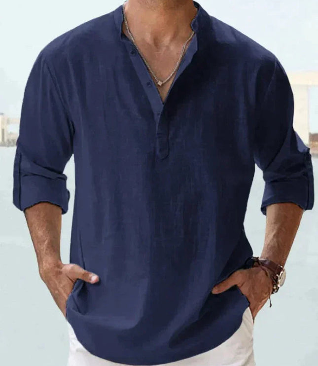 Camisa de lino de verano para hombre con cuello en V, manga larga y botones
