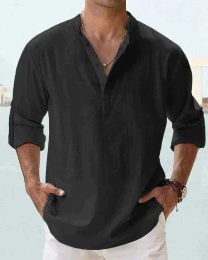 Camisa de lino de verano para hombre con cuello en V, manga larga y botones