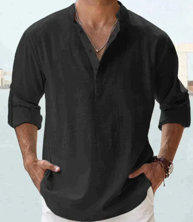 Camisa de lino de verano para hombre con cuello en V, manga larga y botones
