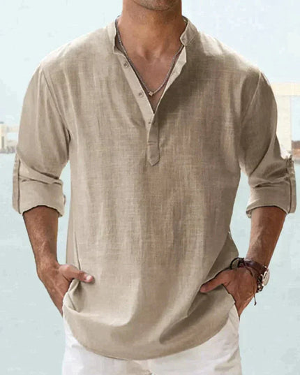 Camisa de lino de verano para hombre con cuello en V, manga larga y botones