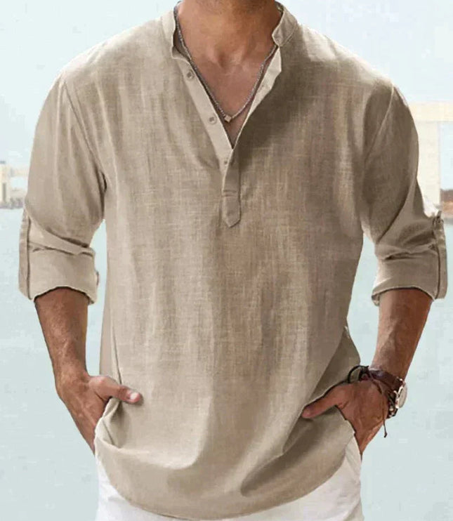 Camisa de lino de verano para hombre con cuello en V, manga larga y botones