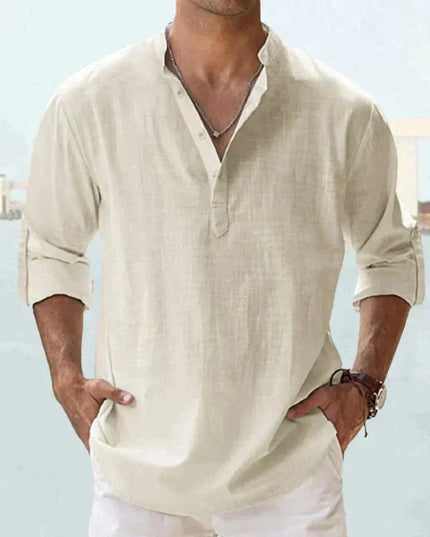 Camisa de lino de verano para hombre con cuello en V, manga larga y botones