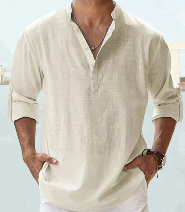 Camisa de lino de verano para hombre con cuello en V, manga larga y botones