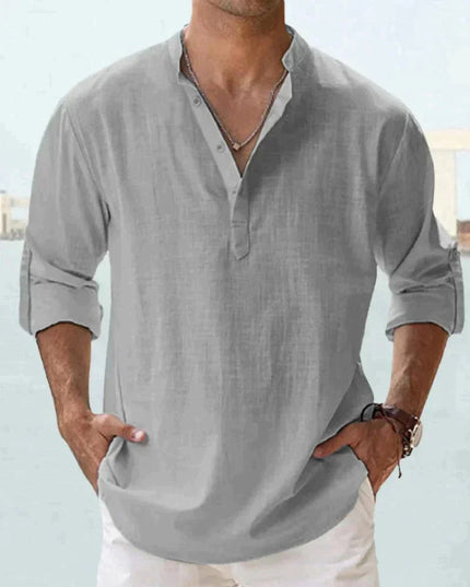 Camisa de lino de verano para hombre con cuello en V, manga larga y botones