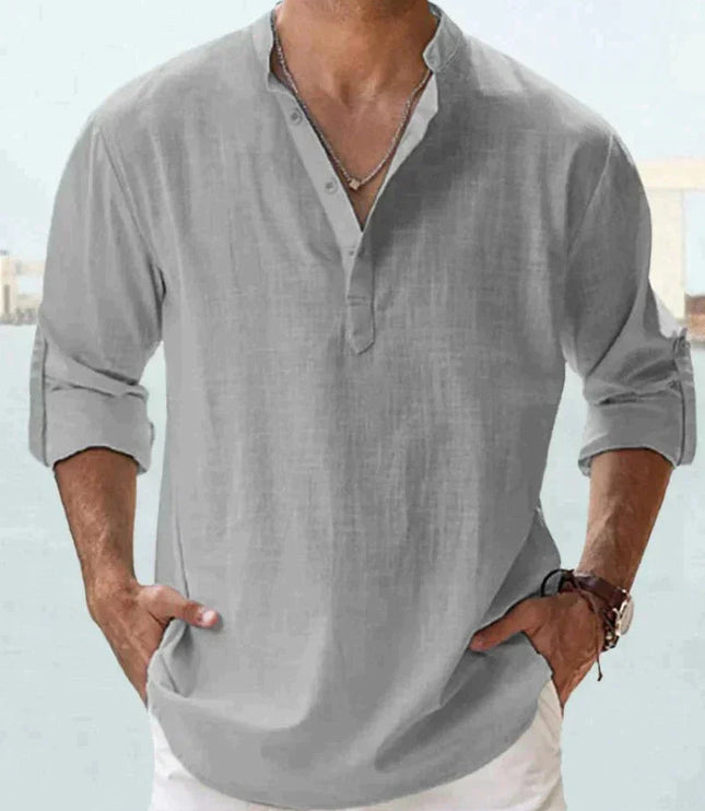 Camisa de lino de verano para hombre con cuello en V, manga larga y botones
