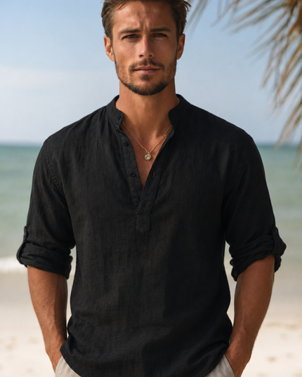 Camisa de lino de verano para hombre con cuello en V, manga larga y botones
