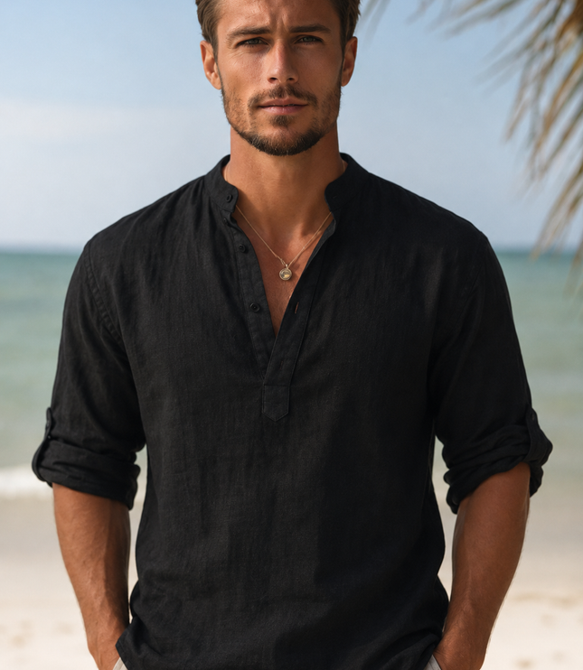 Camisa de lino de verano para hombre con cuello en V, manga larga y botones