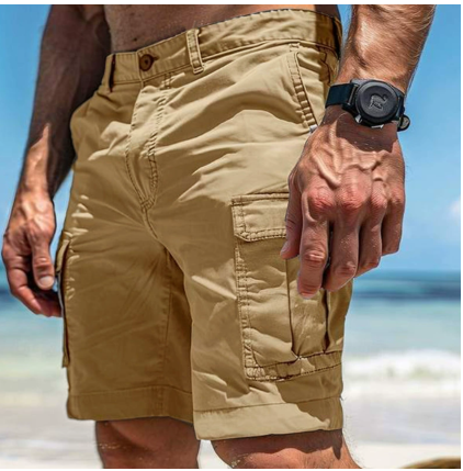 Khaki tan cargo shorts with utility pockets and durable fabric detail