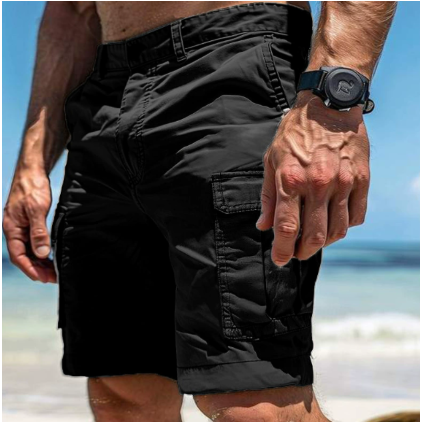Black cargo shorts with reinforced pockets and adjustable waistband