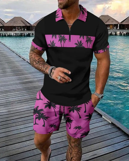 Ensemble shorts et chemise manches courtes à col zippé imprimé palmier pour homme, été