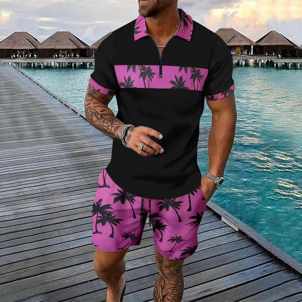 Ensemble shorts et chemise manches courtes à col zippé imprimé palmier pour homme, été