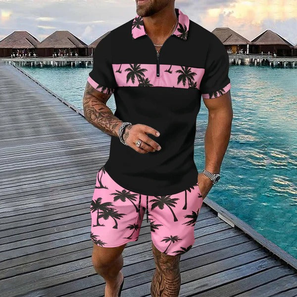 Ensemble shorts et chemise manches courtes à col zippé imprimé palmier pour homme, été