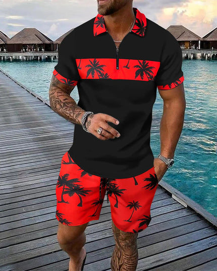 Ensemble shorts et chemise manches courtes à col zippé imprimé palmier pour homme, été