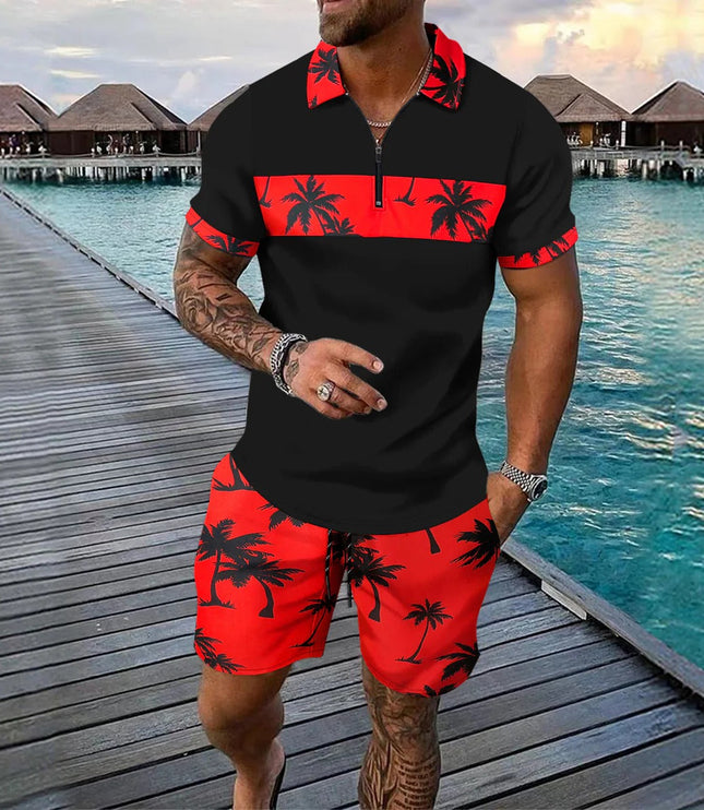 Ensemble shorts et chemise manches courtes à col zippé imprimé palmier pour homme, été