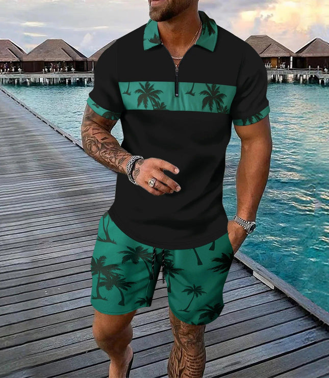 Ensemble shorts et chemise manches courtes à col zippé imprimé palmier pour homme, été