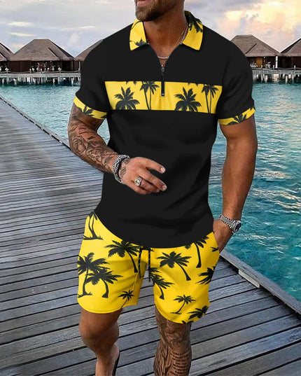 Ensemble shorts et chemise manches courtes à col zippé imprimé palmier pour homme, été