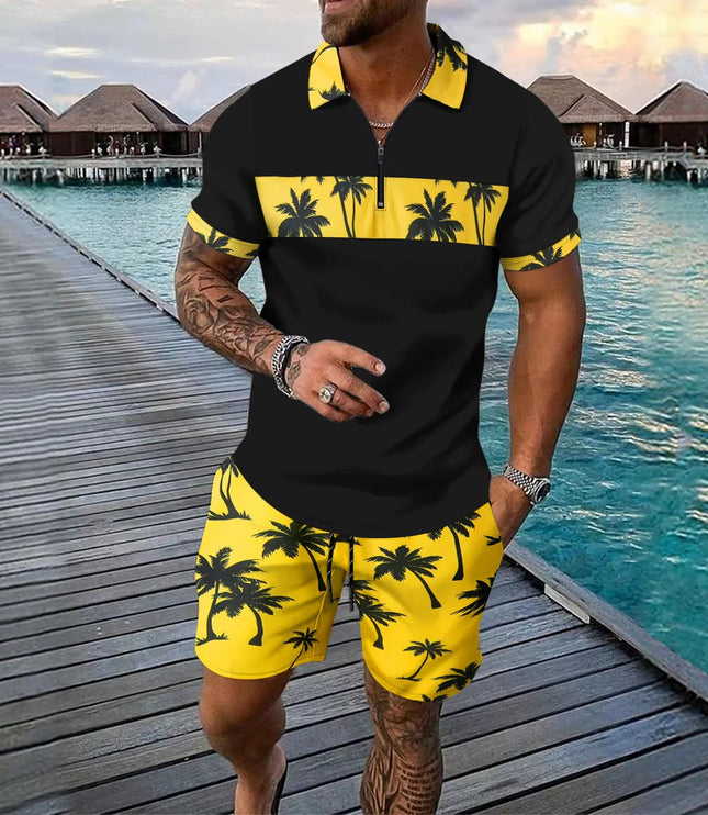 Ensemble shorts et chemise manches courtes à col zippé imprimé palmier pour homme, été