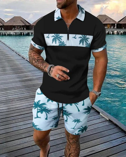 Ensemble shorts et chemise manches courtes à col zippé imprimé palmier pour homme, été