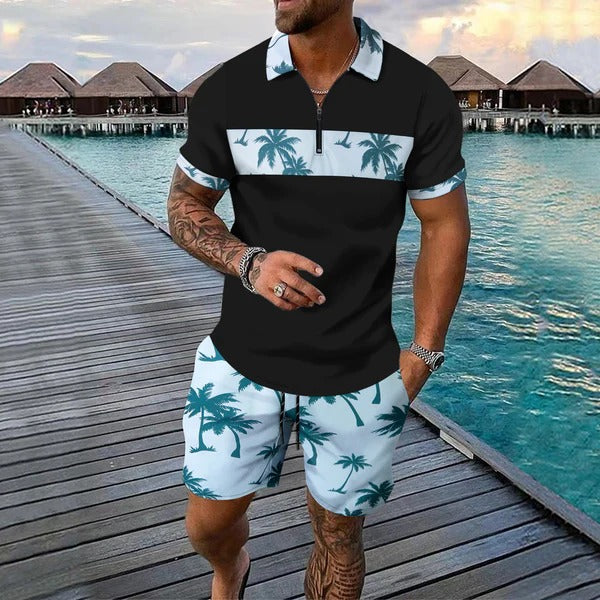 Ensemble shorts et chemise manches courtes à col zippé imprimé palmier pour homme, été
