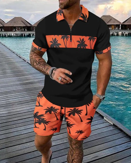 Ensemble shorts et chemise manches courtes à col zippé imprimé palmier pour homme, été