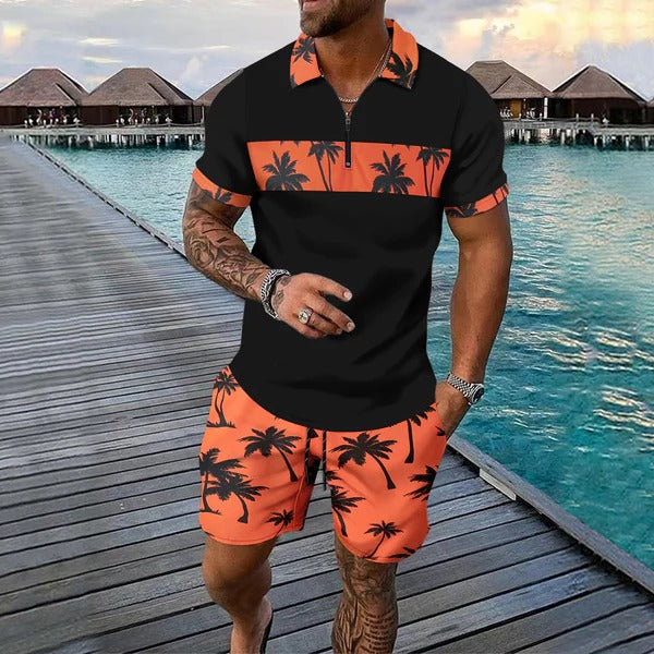 Ensemble shorts et chemise manches courtes à col zippé imprimé palmier pour homme, été