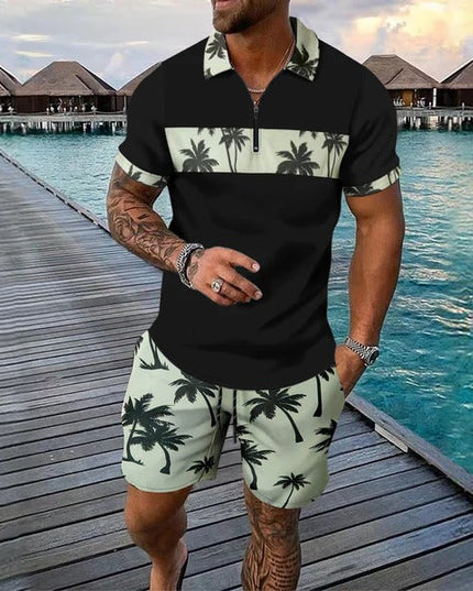 Ensemble shorts et chemise manches courtes à col zippé imprimé palmier pour homme, été