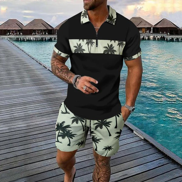 Ensemble shorts et chemise manches courtes à col zippé imprimé palmier pour homme, été