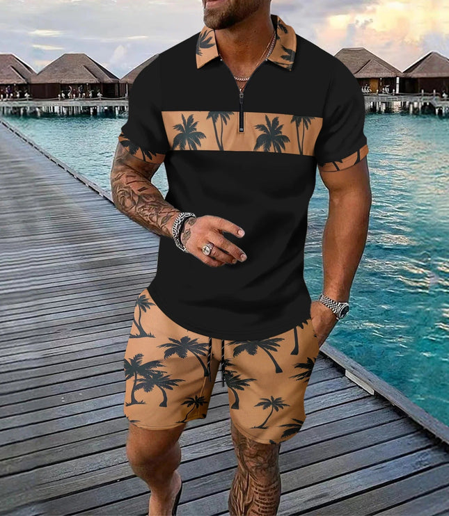 Ensemble shorts et chemise manches courtes à col zippé imprimé palmier pour homme, été