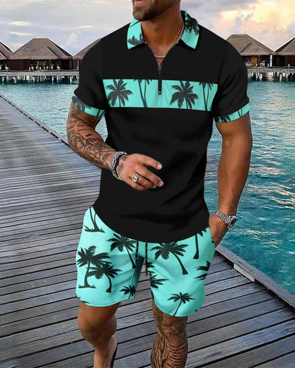 Ensemble shorts et chemise manches courtes à col zippé imprimé palmier pour homme, été