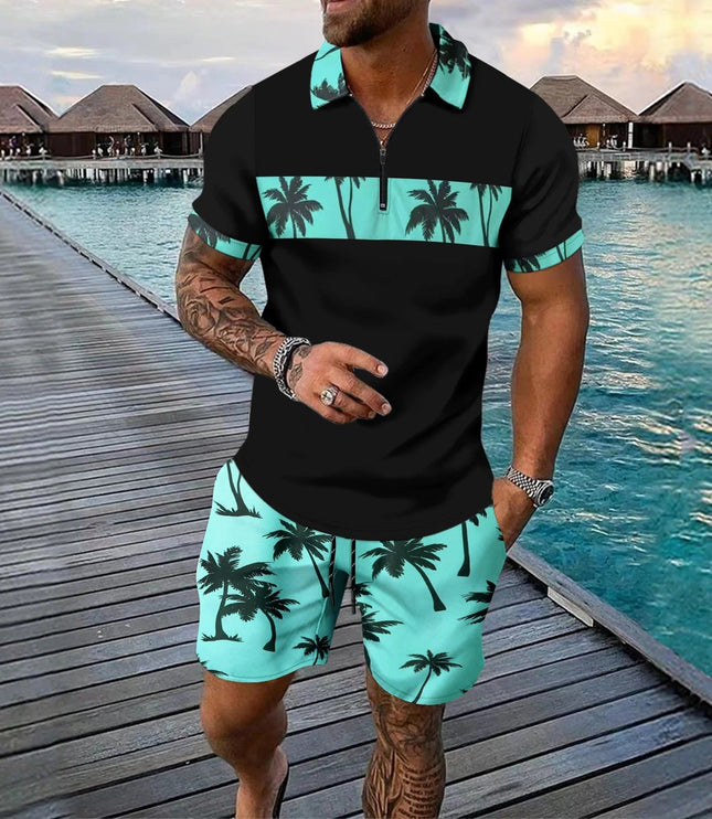 Ensemble shorts et chemise manches courtes à col zippé imprimé palmier pour homme, été
