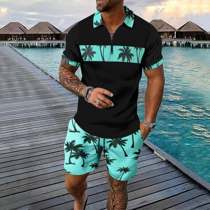 Ensemble shorts et chemise manches courtes à col zippé imprimé palmier pour homme, été