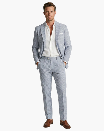 Gray and white vertical striped men's summer suit with lightweight blazer and matching slacks