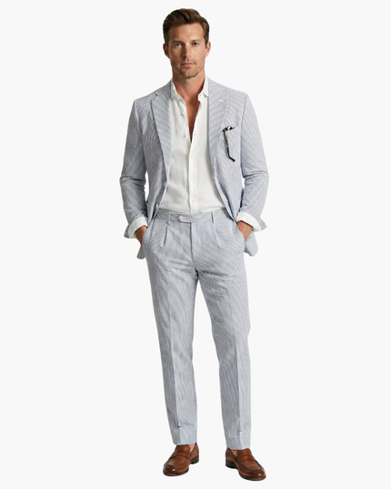 Men's lightweight blue and white striped two-piece suit with white dress shirt
