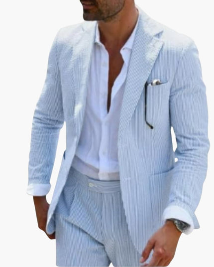 Close-up of light blue pinstripe blazer jacket with textured weave and chest pocket