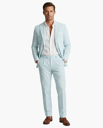 Men's light blue vertical stripe summer suit full front view