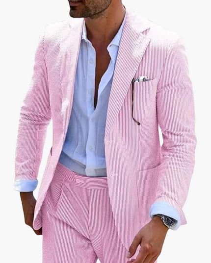 Pink pinstriped lightweight linen suit jacket with lavender shirt