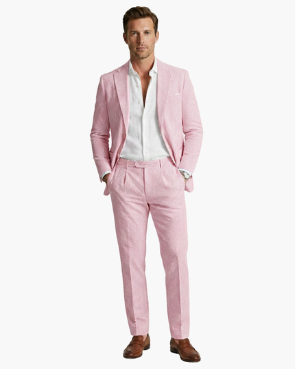 Men's pink vertical stripe summer suit full front view