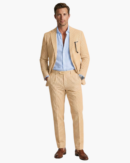 Men's cream vertical stripe summer suit full front view