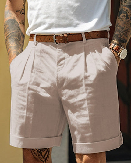 Short en lin plissé et ajusté avec ceinture pour homme, été