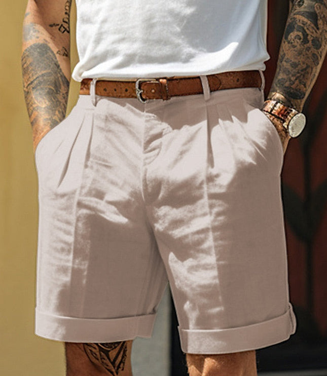 Short en lin plissé et ajusté avec ceinture pour homme, été