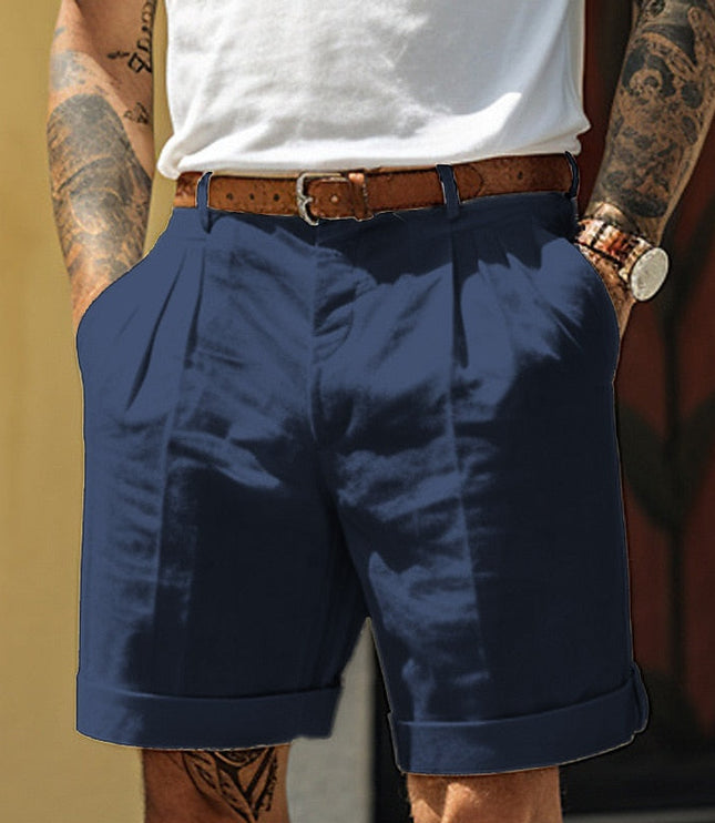 Short en lin plissé et ajusté avec ceinture pour homme, été
