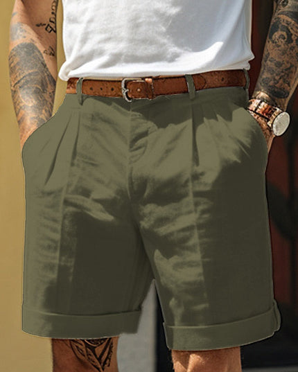 Short en lin plissé et ajusté avec ceinture pour homme, été