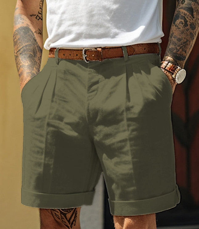 Short en lin plissé et ajusté avec ceinture pour homme, été