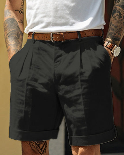 Short en lin plissé et ajusté avec ceinture pour homme, été
