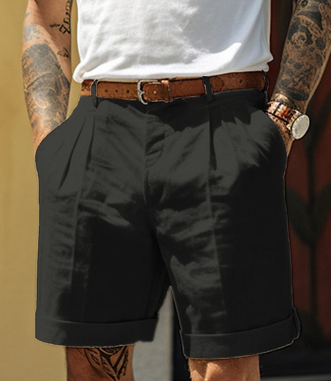 Short en lin plissé et ajusté avec ceinture pour homme, été