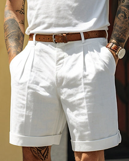 Short en lin plissé et ajusté avec ceinture pour homme, été