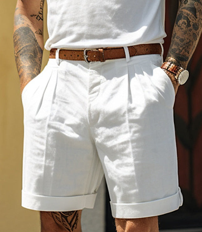 Short en lin plissé et ajusté avec ceinture pour homme, été