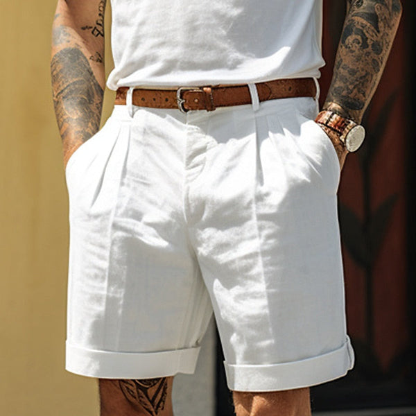 Men's Summer Pleated Tailored Linen Shorts with Belt