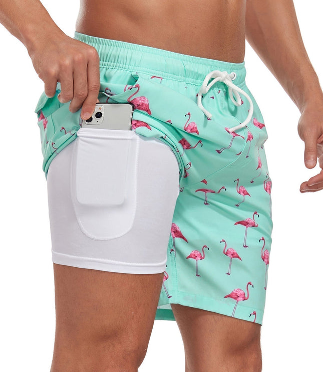 Pantalones cortos de baño de verano para hombre, estampados, de secado rápido, forrados y con cordón