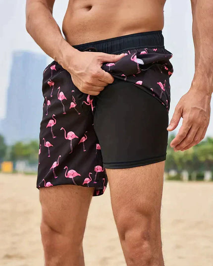 Pantalones cortos de baño de verano para hombre, estampados, de secado rápido, forrados y con cordón
